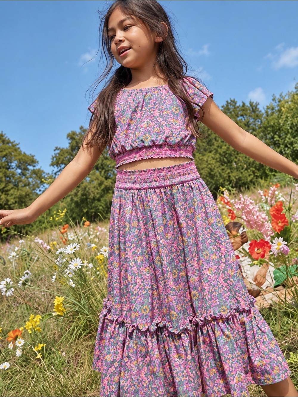 Mini Boden Girls 6-7Y Matching Set Smocked Top + Maxi Skirt Pink Floral